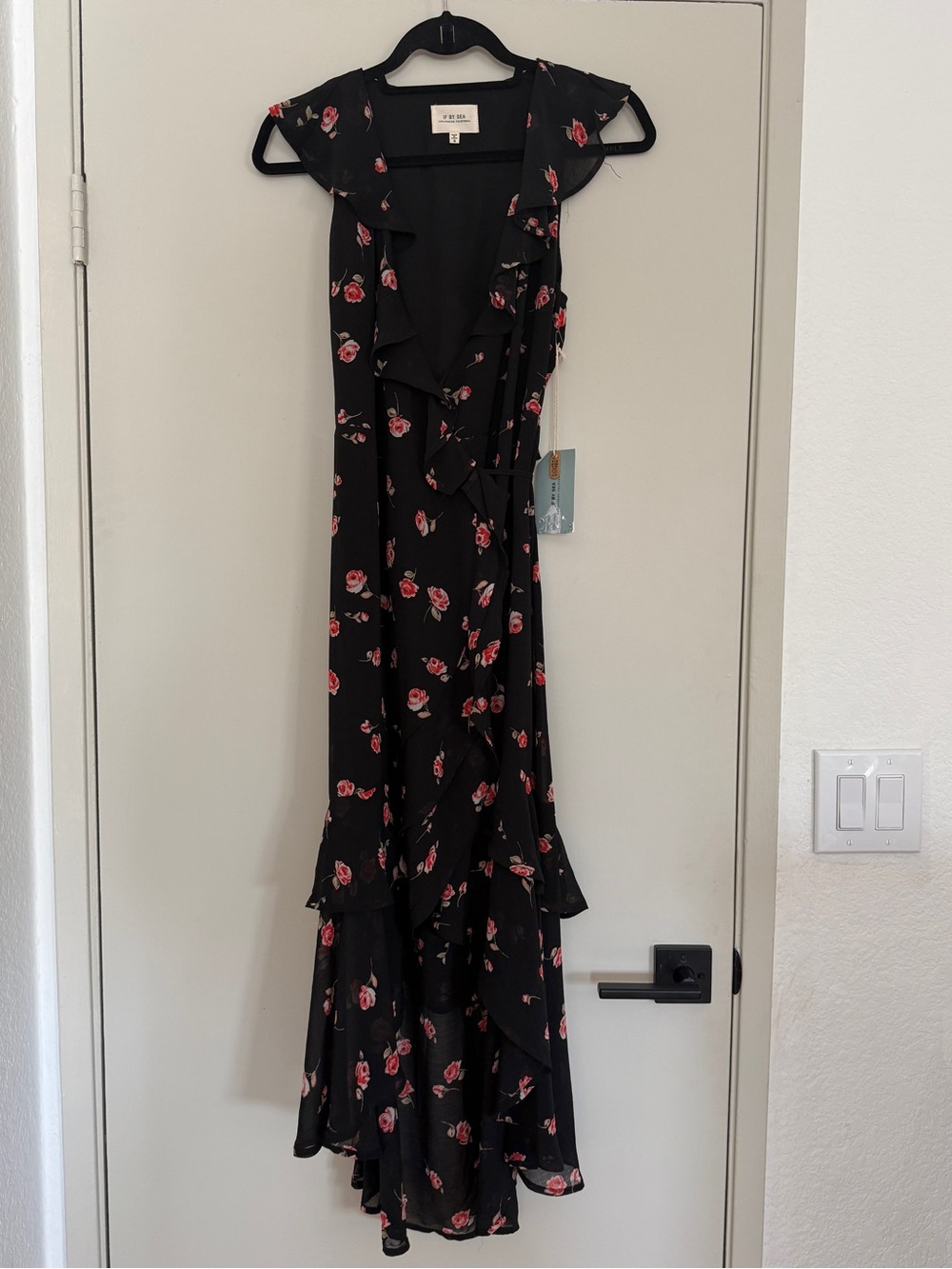 Ruffled Floral Maxi Wrap Dress - Black with Pink Rose Print